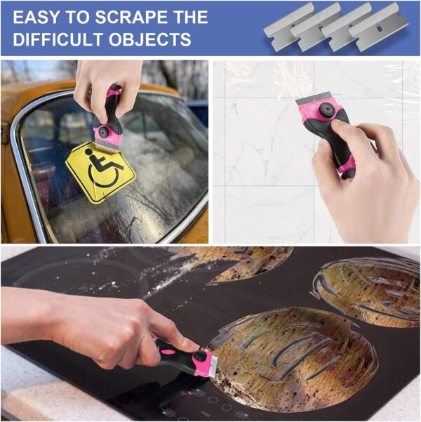 71pMtRR5wyL._AC_SL1500_.jpg DEKEones Razor Blade Scraper, Double Edged Razorblade Scraping Tool with 10 Pcs Razor Blades, Paint Scraper for Glass, Decals, Tint, Stickers, Labels, Caulk, Adhesive(Pink)