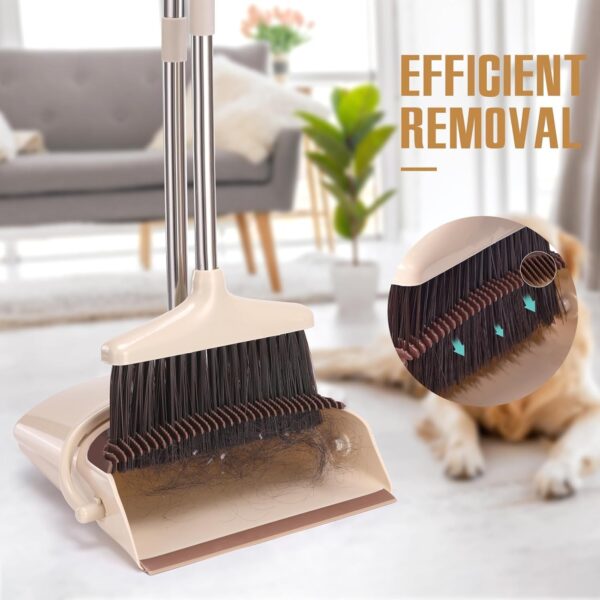 71tY9LiZuGL._AC_SL1500_.jpg Broom and Dustpan Set with Long Handle, Light Weight Stainless Steel Poles Stand Upright Dustpans with Broom Combo for Home Kitchen Office Pet Dog Hair, Brown & Beige Color, 1-Pack