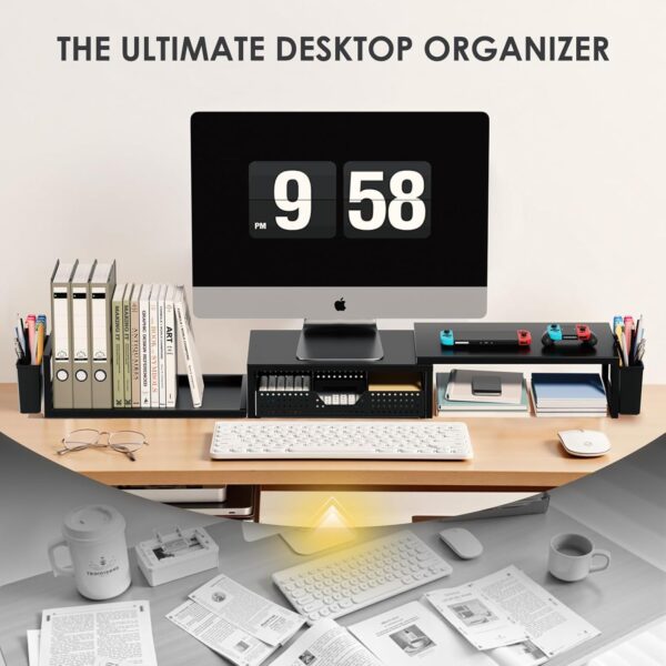 71una63dfmL._AC_SL1500_.jpg OPNICE Desk Organizers and Accessories, Dual Monitor Stand Riser with Drawer and 2 Pen Holders, Desk Shelf Metal Computer Racks for Office Workspace Organizers, Desktop Organization (Black Metal)