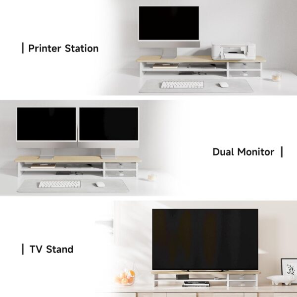 Fenge Monitor Stand, Dual Monitor Riser, 42.5inch Large Desk Computer Monitor Stand Riser with Drawer, 2 Tier Wood & Acrylic Desktop Organizer for Computer, Laptop, Printer, TV Screen Riser