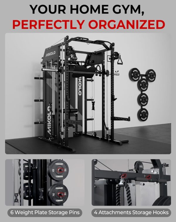 Mikolo Smith Machine with Weight Stack, Power Cage Home Gym System with LAT Pulldown & Cable Crossover, Multi-Functional Trainer with Dual Pulley System, Includes 10+ Free Attachments