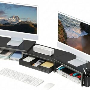 71vIgL35wZL._AC_SL1500_.jpg OPNICE Desk Organizers and Accessories, Dual Monitor Stand Riser with Drawer and 2 Pen Holders, Desk Shelf Metal Computer Racks for Office Workspace Organizers, Desktop Organization (Black Metal)