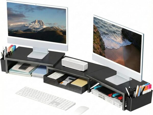 71vIgL35wZL._AC_SL1500_.jpg OPNICE Desk Organizers and Accessories, Dual Monitor Stand Riser with Drawer and 2 Pen Holders, Desk Shelf Metal Computer Racks for Office Workspace Organizers, Desktop Organization (Black Metal)