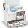 QIYVLOS Desk Organizer with 3 Drawer, Multi-Functional Pencil Pen Holder for Desk, Desk Organizers and Storage with 8 Compartments, Desktop Organizer for Office Home Art Supplies (White)