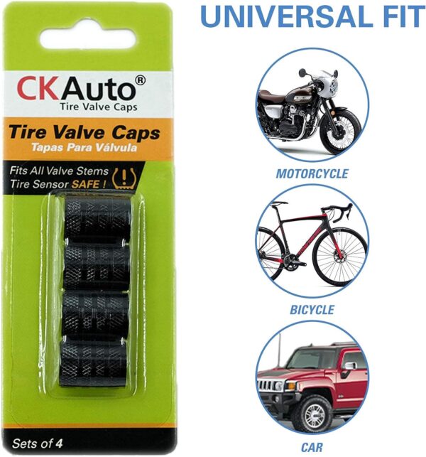 71wczxIB2qS._AC_SL1500_.jpg CKAuto Tire Valve Stem Caps, Black, 4 pcs/Pack, Anodized Aluminum Tire Valve Cap Set, Corrosion Resistant, Universal Stem Covers for Cars Trucks Motorcycles SUVs and Bikes