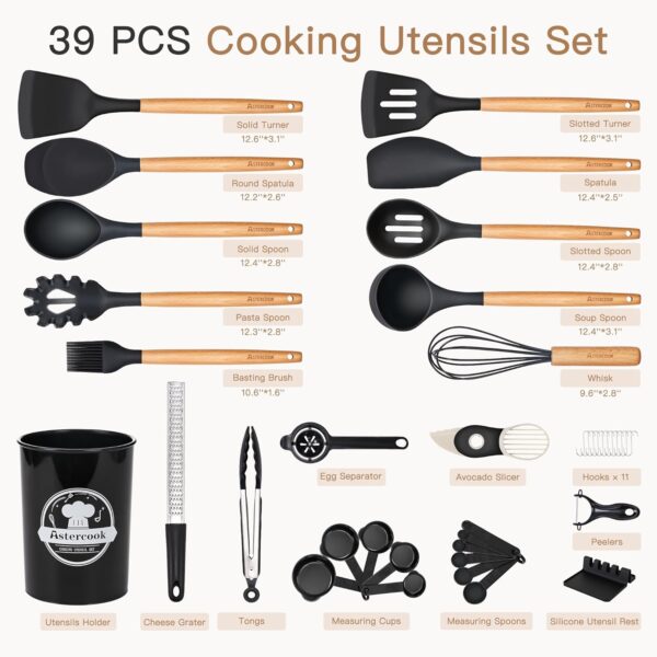 Astercook 39 PCS Kitchen Utensils Set, Silicone Cooking Utensil Sets with Wooden Handle, 446°F Heat Resistant Food Grade Spatula Set, BPA Free Kitchen Gadgets Tools Set for Mothers Day Gifts