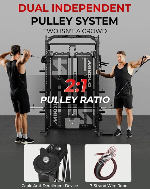 Mikolo Smith Machine with Weight Stack, Power Cage Home Gym System with LAT Pulldown & Cable Crossover, Multi-Functional Trainer with Dual Pulley System, Includes 10+ Free Attachments