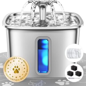 71xnxxDiyrL._AC_SL1500_.jpg Veken Innovation Award Winner Stainless Steel Cat Water Fountain, 108oz/3.2L Automatic Pet Fountain Dog Water Dispenser with 3 Replacement Filters & Silicone Mat, Gifts for Cats, Dogs (Silver)