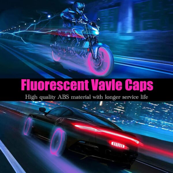 4PCS Fluorescent Tire Valve Stem Caps, Luminous Car Tire Air Cap, Corrosion Resistant Leak-Proof Wheel Valve Cover, Universal for Cars, Trucks, Bikes, Motorcycles, Bicycles(Pink)