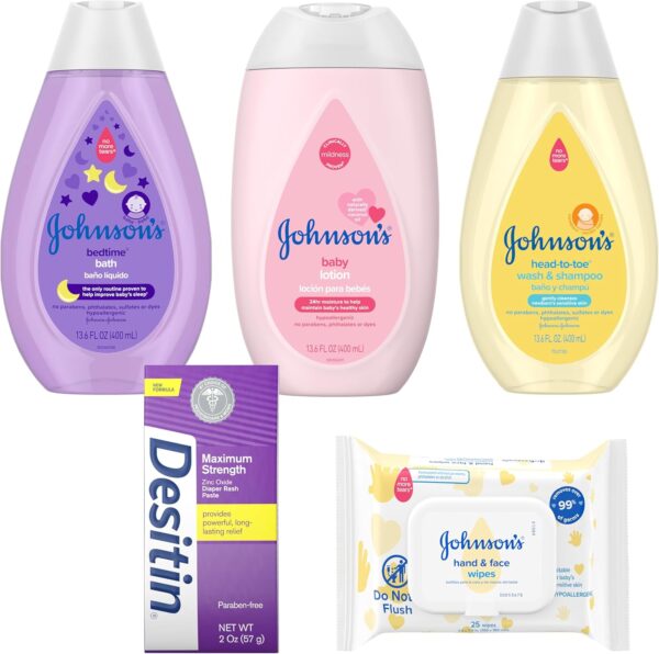 81-hEEEoCbL._AC_SL1500_.jpg Johnson's Baby Here Comes Baby Gift Set, Baby Essentials for New Parents with Moisturizing Lotion, Bedtime Bath, Body Wash & Shampoo, Hand & Face Wipes, & Diaper Rash Cream, 5 Items