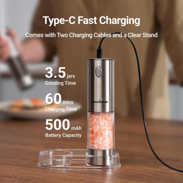 814KTlyB8oL._AC_SL1500_.jpg ThermoMaven Upgraded Larger Capacity Electric Salt and Pepper Grinder Set, 110ml Rechargeable Salt and Pepper Shaker with LED Light, Stainless Steel Automatic Pepper Mill with 6 Adjustable Coarseness