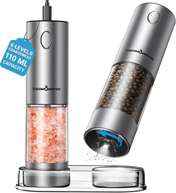 814ri9B0QyL._AC_SL1500_.jpg ThermoMaven Upgraded Larger Capacity Electric Salt and Pepper Grinder Set, 110ml Rechargeable Salt and Pepper Shaker with LED Light, Stainless Steel Automatic Pepper Mill with 6 Adjustable Coarseness