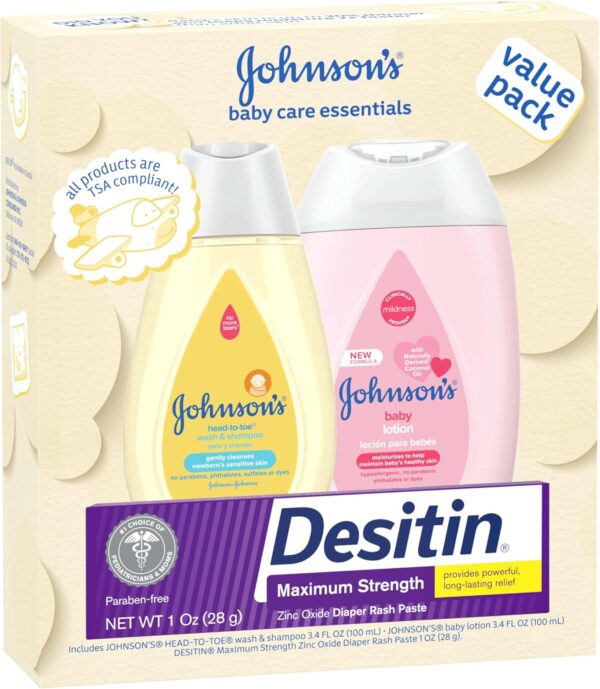815gQcWAfL._AC_SL1500_.jpg Johnson's Baby Care Essentials Gift Set, Body Lotion, & Zinc Oxide Diaper Rash Paste for Baby's Delicate Skin, Value Pack, Travel-Size, Bath Essentials Must Haves, Baby Gifts, 3 Items