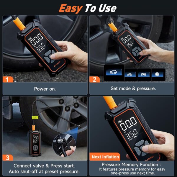 817Q5N6pB8L._AC_SL1500_.jpg OlarHike Tire Inflator Portable Air Compressor, 150PSI Dual Power - 6000mAh & 12V DC, Cordless Air Pump for Car Tires, Bikes, Motorcycle, Balls with LED & Digital Pressure Gauge, Gift for Mom