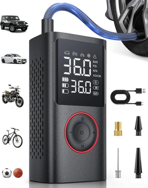 817l44q8OlL._AC_SL1500_.jpg Powools Tire Inflator Portable Air Compressor, 150 PSI Cordless Bike Pump, Air Pump for Auto, Motorcycle, Bicycle, Balls with Pressure Gauge, LED Light & Car Accessories, Black, Standard Capacity