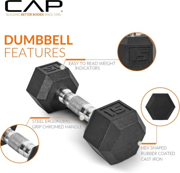 8186MhsfFGL._AC_SL1500_.jpg CAP Barbell Rubber Coated Hex Dumbbell Set with Storage Rack | 100–210 lb Options, Space-Saving Vertical Compact Storage for Home Gym Strength Training