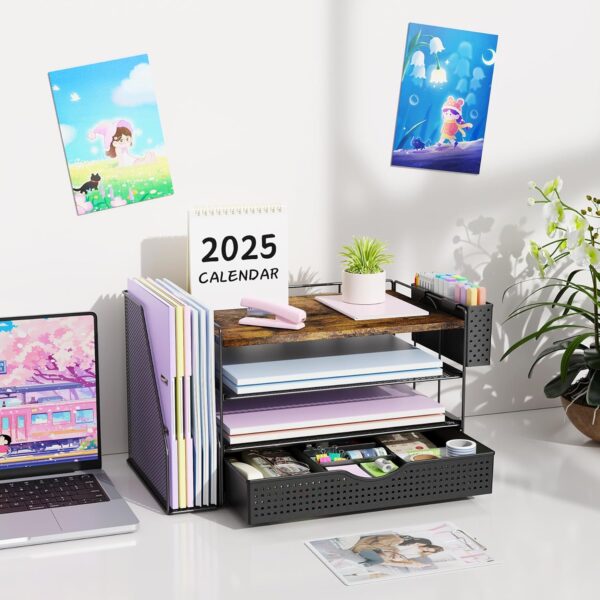 gianotter Wood Desk Organizers and Accessories with File Holder, 4-Tier Desk Accessories & Workspace Organizers with Drawer and Pen Holder, Desk Reference Organizer (Wood)