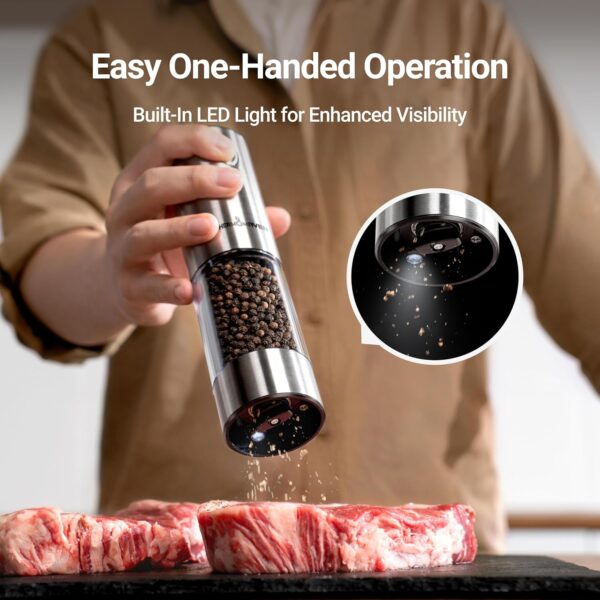 819cvB8QbzL._AC_SL1500_.jpg ThermoMaven Upgraded Larger Capacity Electric Salt and Pepper Grinder Set, 110ml Rechargeable Salt and Pepper Shaker with LED Light, Stainless Steel Automatic Pepper Mill with 6 Adjustable Coarseness