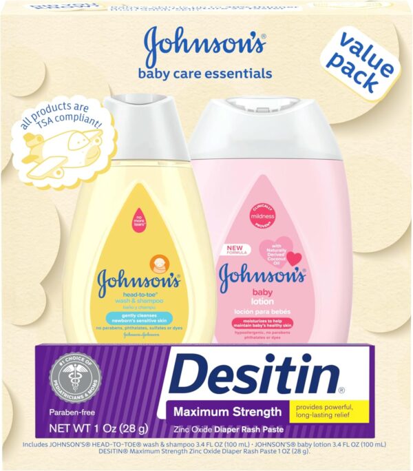 81ABgxPwuNL._AC_SL1500_.jpg Johnson's Baby Care Essentials Gift Set, Body Lotion, & Zinc Oxide Diaper Rash Paste for Baby's Delicate Skin, Value Pack, Travel-Size, Bath Essentials Must Haves, Baby Gifts, 3 Items