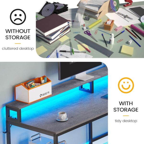 SEDETA L Shaped Desk, 66" Home Office Desk with Wood File Drawer & Power Outlet, Gaming Desk with Led Lights, Corner Computer Desk with Monitor Shelf, Printer Storage Shelves, Two Person Desk, Grey