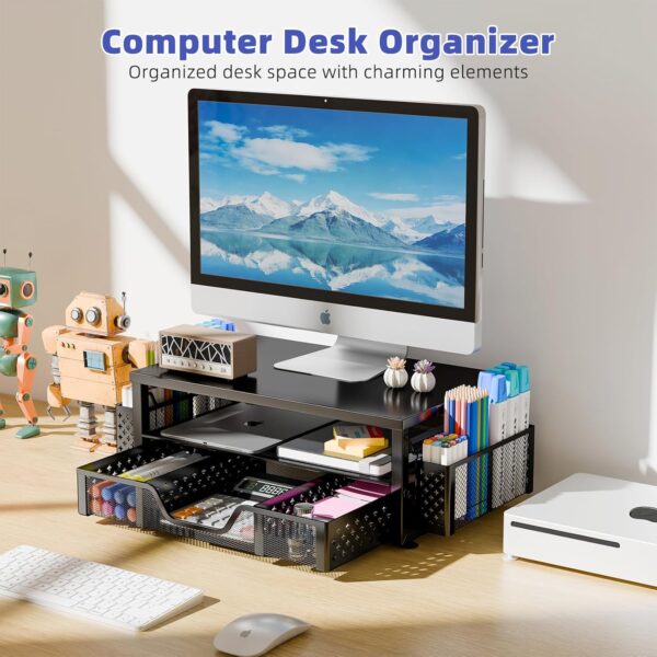 81BTM0tpLpL._AC_SL1500_.jpg Simple Trending Desk Organizer and Accessories, 2-Tier Computer Monitor Stand Riser with Drawer and 2 Pen Holders for Office Supplies, Black