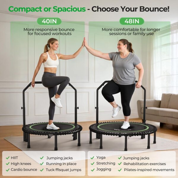 81BnlEcBIuL._AC_SL1500_.jpg BCAN BT2 450/550LBS Mini Rebounder Trampoline for Adults with Bar, Fitness Trampoline with Bungees, Adjustable Handle, Stable & Quiet, Indoor Outdoor, Whole-Body Workout & Relaxation at Home-40IN/48IN