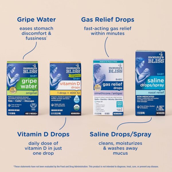 81EGP2OxqNL._AC_SL1500_.jpg Mommy's Bliss 4-Piece Newborn and Baby Essentials Kit - With Gripe Water, Gas Relief Drops, Vitamin D 400IU, and Saline Drops/Spray - The Perfect Baby Gift.
