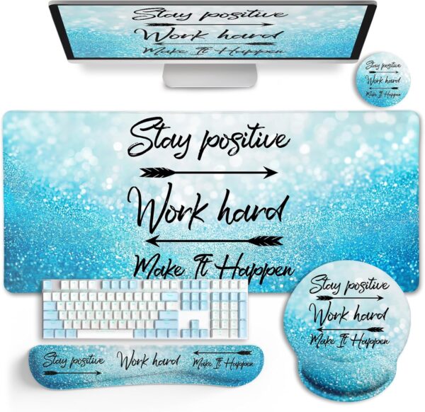 LIMKRIAN Desk Mat Pad, XXL Large Gaming Mouse Pad with Wrist Rest Wrist Support, Ergonomic Mouse Pad, Keyboard Wrist Rest, Coaster, Home Office Desk Accessories Decor Supplies, Stay Positive