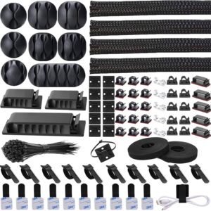 81F7bTfj4L._AC_SL1500_.jpg N NOROCME 192 PCS Cable Management Kit 4 Wire Organizer Sleeve,11 Cable Holder,35Cord Clips 10+2 Roll Cable Organizer Straps and 100 Fastening Cable Ties for Computer TV Under Desk, black,clear