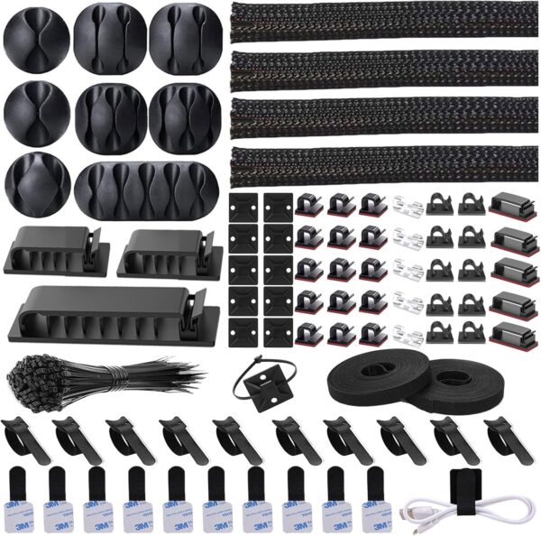 81F7bTfj4L._AC_SL1500_.jpg N NOROCME 192 PCS Cable Management Kit 4 Wire Organizer Sleeve,11 Cable Holder,35Cord Clips 10+2 Roll Cable Organizer Straps and 100 Fastening Cable Ties for Computer TV Under Desk, black,clear