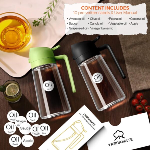 81GHqN1KJyL._AC_SL1500_.jpg YARRAMATE 16oz/470ml Glass Olive Oil Sprayer for Cooking with Stickers, 2 in 1 Oil Dispenser for Kitchen Gadgets, Food Grade Premium Spray Bottle with Portion Control for Salad, Frying, BBQ (Black)