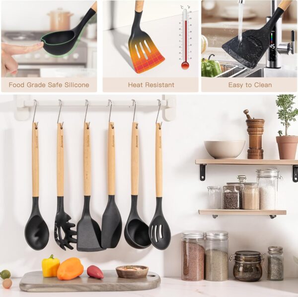 Astercook 39 PCS Kitchen Utensils Set, Silicone Cooking Utensil Sets with Wooden Handle, 446°F Heat Resistant Food Grade Spatula Set, BPA Free Kitchen Gadgets Tools Set for Mothers Day Gifts