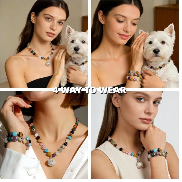 Handmade Matching Dog Collar & Owner Necklace Replaceable Pendant (Round Ball+Memory Vial) for Storing Pet Fur Gemstone Beaded Jewelry Set Dog Collar for Puppy, Large Cat Collar Set for Pet Lovers
