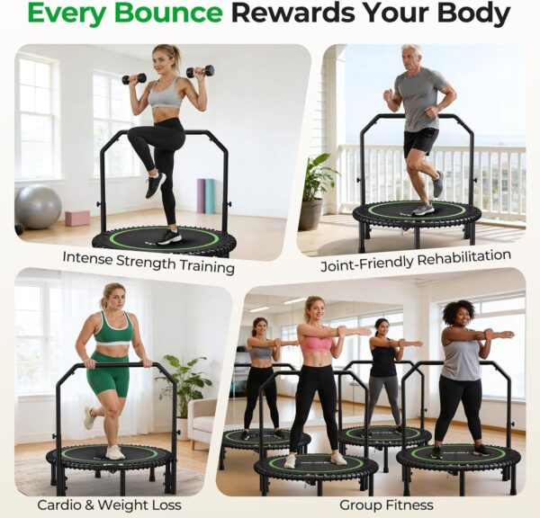 81HaYCDaZHL._AC_SL1500_.jpg BCAN BT2 450/550LBS Mini Rebounder Trampoline for Adults with Bar, Fitness Trampoline with Bungees, Adjustable Handle, Stable & Quiet, Indoor Outdoor, Whole-Body Workout & Relaxation at Home-40IN/48IN