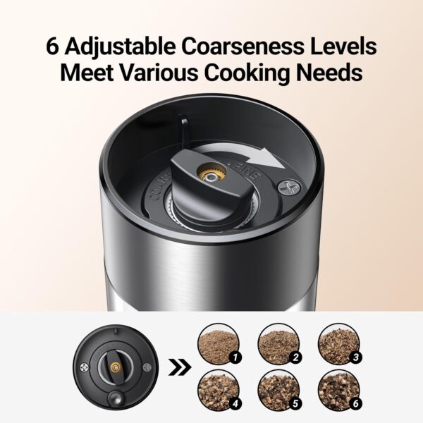 81HoFAvCzL._AC_SL1500_.jpg ThermoMaven Upgraded Larger Capacity Electric Salt and Pepper Grinder Set, 110ml Rechargeable Salt and Pepper Shaker with LED Light, Stainless Steel Automatic Pepper Mill with 6 Adjustable Coarseness