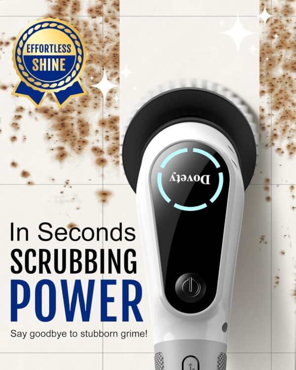 Dovety Electric Spin Scrubber, Shower Scrubber, Power Cleaner Tools with 8 Replaceable Brush Heads, Cleaning Brush with Extension Handle, 2 Adjustable Speeds, 90Mins Work Time for Home Bathtub-White