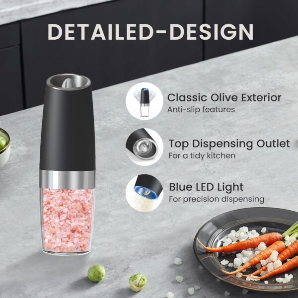 81Ifq8hkz0L._AC_SL1500_.jpg Battery Operated Salt And Pepper Grinder Set with LED Light, Automatic Electric Gravity Salt And Pepper Shakers Set, Each 6 AAA Batteries Needed, Adjustable Roughness, 2 Pack (Black)