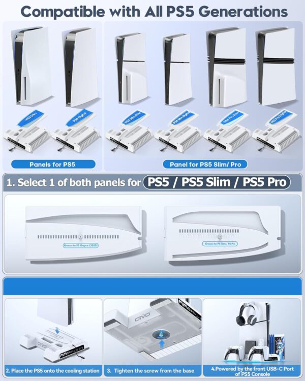 PS5/Slim/Pro Stand and Cooling Station with LED Controller Charging Station for PlayStation 5 Console, Controller Charger, Cooling Stand, PS5/Slim/Pro Skin Accessories Kit with 3 Level Cooler Fan