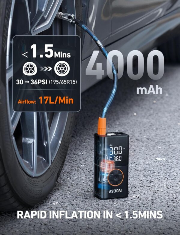 81JFQuKWPAL._AC_SL1500_.jpg AstroAI L7 Tire Inflator Portable Air Compressor Cordless Mini Bike Pump with Digital Dual Values Display, 150 PSI Car Tires Air Pump with LED Lights&Pressure Gauge for Auto, Motorcycles, Bikes, Balls