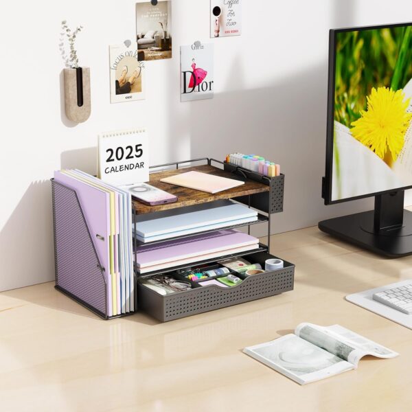 gianotter Wood Desk Organizers and Accessories with File Holder, 4-Tier Desk Accessories & Workspace Organizers with Drawer and Pen Holder, Desk Reference Organizer (Wood)