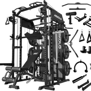 81JkDATlw6L._AC_SL1500_.jpg Mikolo Smith Machine with Weight Stack, Power Cage Home Gym System with LAT Pulldown & Cable Crossover, Multi-Functional Trainer with Dual Pulley System, Includes 10+ Free Attachments