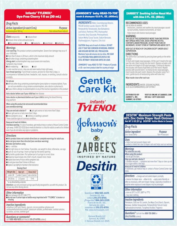 Johnson's Baby Gentle Care Kit with Infants' Tylenol Pain Reliever, Zarbee's Soothing Saline Mist, Desitin Maximum Strength Diaper Rash Ointment & Johnson's Baby Head-To-Toe Wash, 4 Items