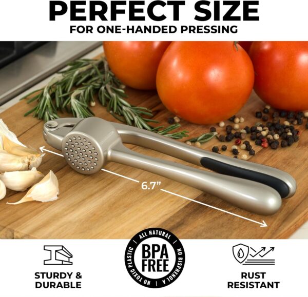 81Kaei6pacL._AC_SL1500_.jpg Zulay Kitchen Premium Garlic Press Set - Rust Proof Professional Garlic Mincer Tool - Easy-Squeeze, Easy-Clean with Soft, Ergonomic Handle - Silicone Garlic Peeler & Brush (Silver)