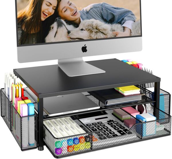 81MeUftFm8L._AC_SL1500_.jpg OPNICE Desk Organizer and Accessories, 2-Tier Computer Monitor Stand Riser with Drawer and 2 Pen Holders, Laptop Stand, Office Desk Accessories for Office Supplies, Black