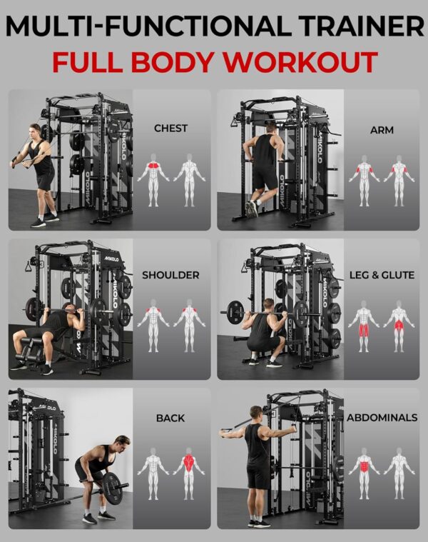 Mikolo Smith Machine with Weight Stack, Power Cage Home Gym System with LAT Pulldown & Cable Crossover, Multi-Functional Trainer with Dual Pulley System, Includes 10+ Free Attachments
