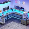 SEDETA L Shaped Desk, 66" Home Office Desk with Wood File Drawer & Power Outlet, Gaming Desk with Led Lights, Corner Computer Desk with Monitor Shelf, Printer Storage Shelves, Two Person Desk, Grey