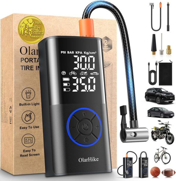 OlarHike Tire Inflator Portable Air Compressor, Smart Dual Hose System, Auto Air Pump for Car Tires, Bike,Bicycle, Motorcycles,Electric Pump with LED Light & Digital Pressure Gauge