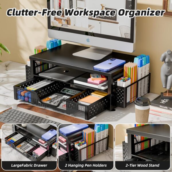 81VLppeVghL._AC_SL1500_.jpg Simple Trending Desk Organizer and Accessories, 2-Tier Computer Monitor Stand Riser with Drawer and 2 Pen Holders for Office Supplies, Black
