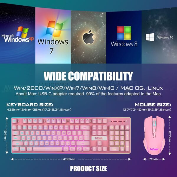 81VULvM9NuL._AC_SL1500_.jpg RedThunder K10 Wireless Gaming Keyboard and Mouse Combo, LED Backlit Rechargeable 3800mAh Battery, Mechanical Feel Anti-ghosting Keyboard + 7D 3200DPI Mice for PC Gamer (Pink)