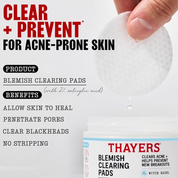Thayers Blemish Clearing Acne Pads, Salicylic Acid Acne Treatment for Face, Pore Reducing, Exfoliating, and Soothing Skincare, Witch Hazel Toner Pads, 60 Ct
